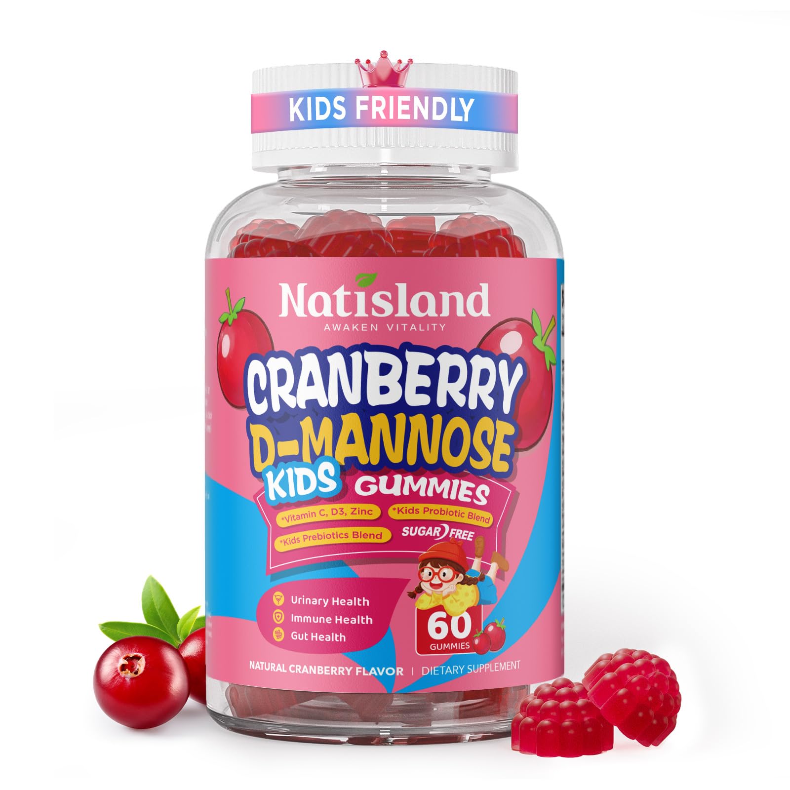 NATISLAND Cranberry & D-Mannose Gummies for Kids 4+ 60 Count