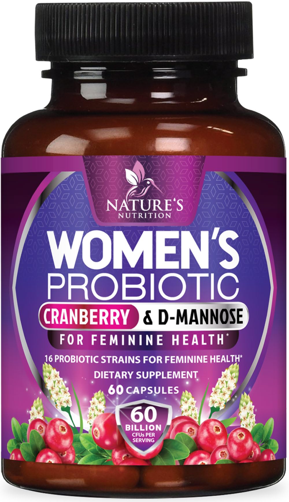 Nature's Nutrition Probiotics 60 Billion CFU Per Serving for Women - 16 Strains, Prebiotics Cranberry & Lactobacillus, PH Balance, Digestive & Immune Support, Women's Probiotic, 60 Capsules