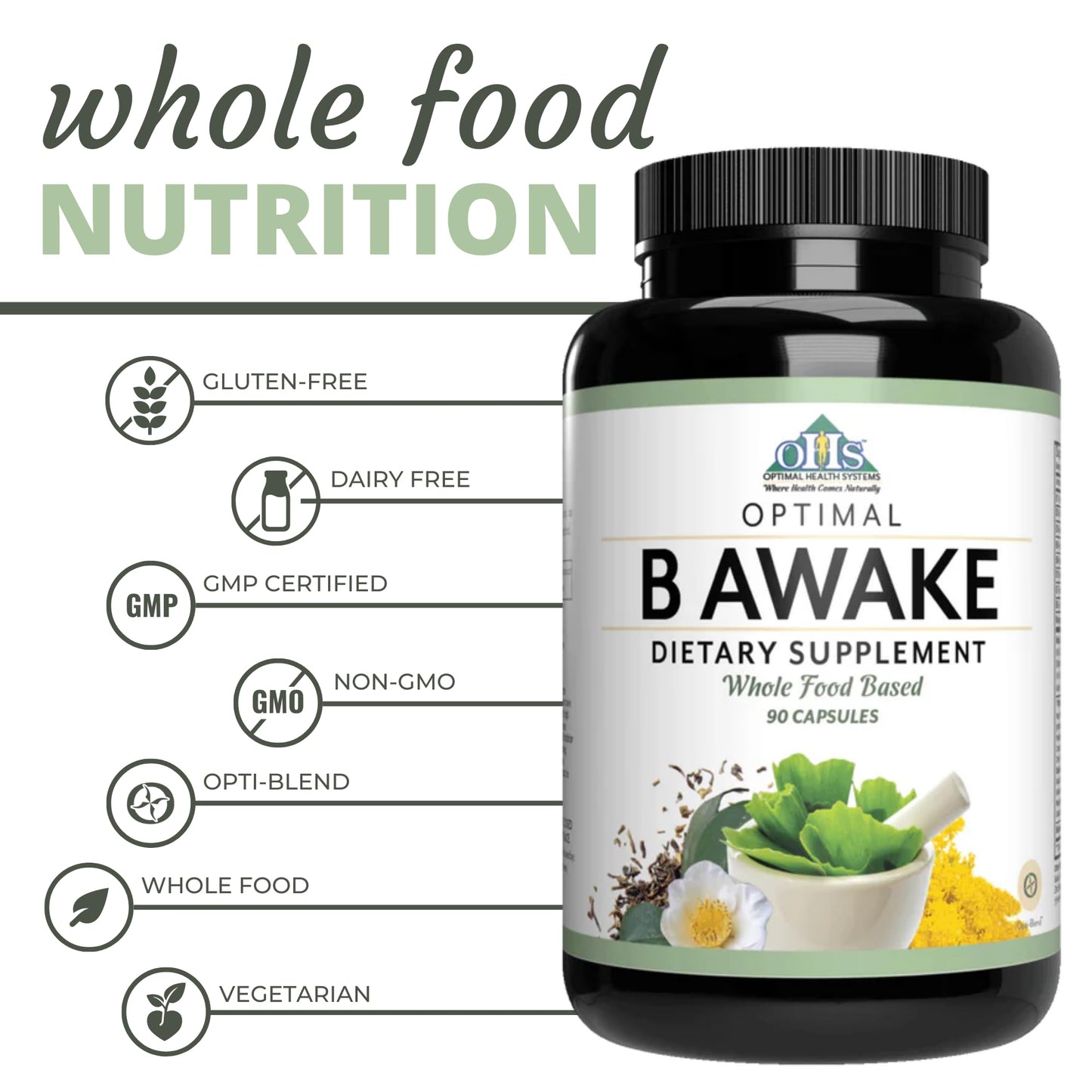 Optimal Health Systems B Awake Whole Food B Complex Formula Capsules, 90 Count