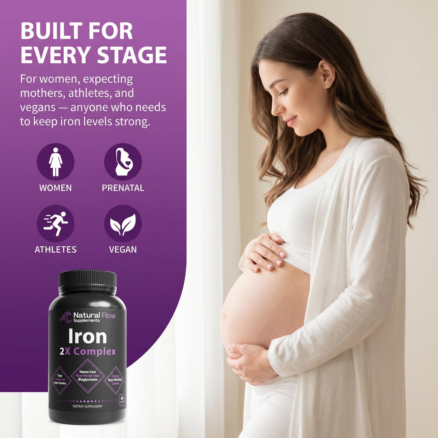 Natural Flow Supplements Iron Supplement 2-in-1 Complete Complex with Heme Iron and Chelated Non-Heme Iron Bisglycinate, Folate, B Vitamins & Vitamin C, Capsule, 120 Count
