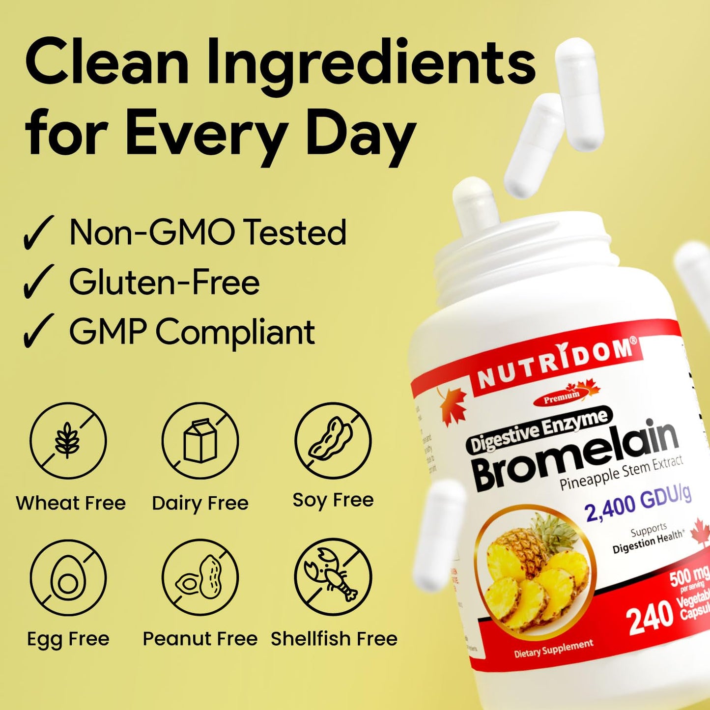 Nutridom Bromelain 2400 GDU/g – 500 mg Digestive Enzyme from Pineapple Stem Extract – Supports Protein Digestion – Non-GMO, Vegan, Gluten Free – 240 Capsules