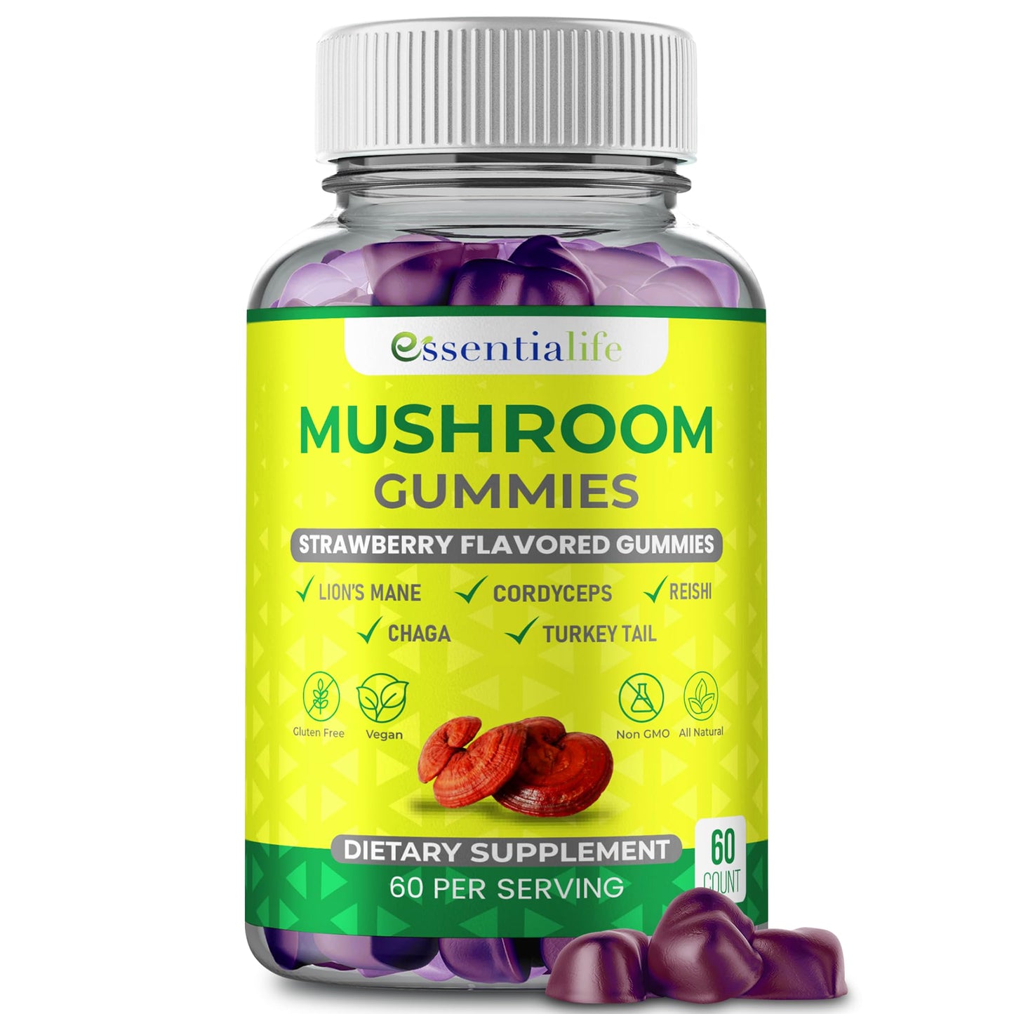 Essentialife Mushroom Gummies with Lions Mane, Turkey Tail, Cordyceps, Reishi, Chaga Extract, Brain Health and Immune Support, 60 Count