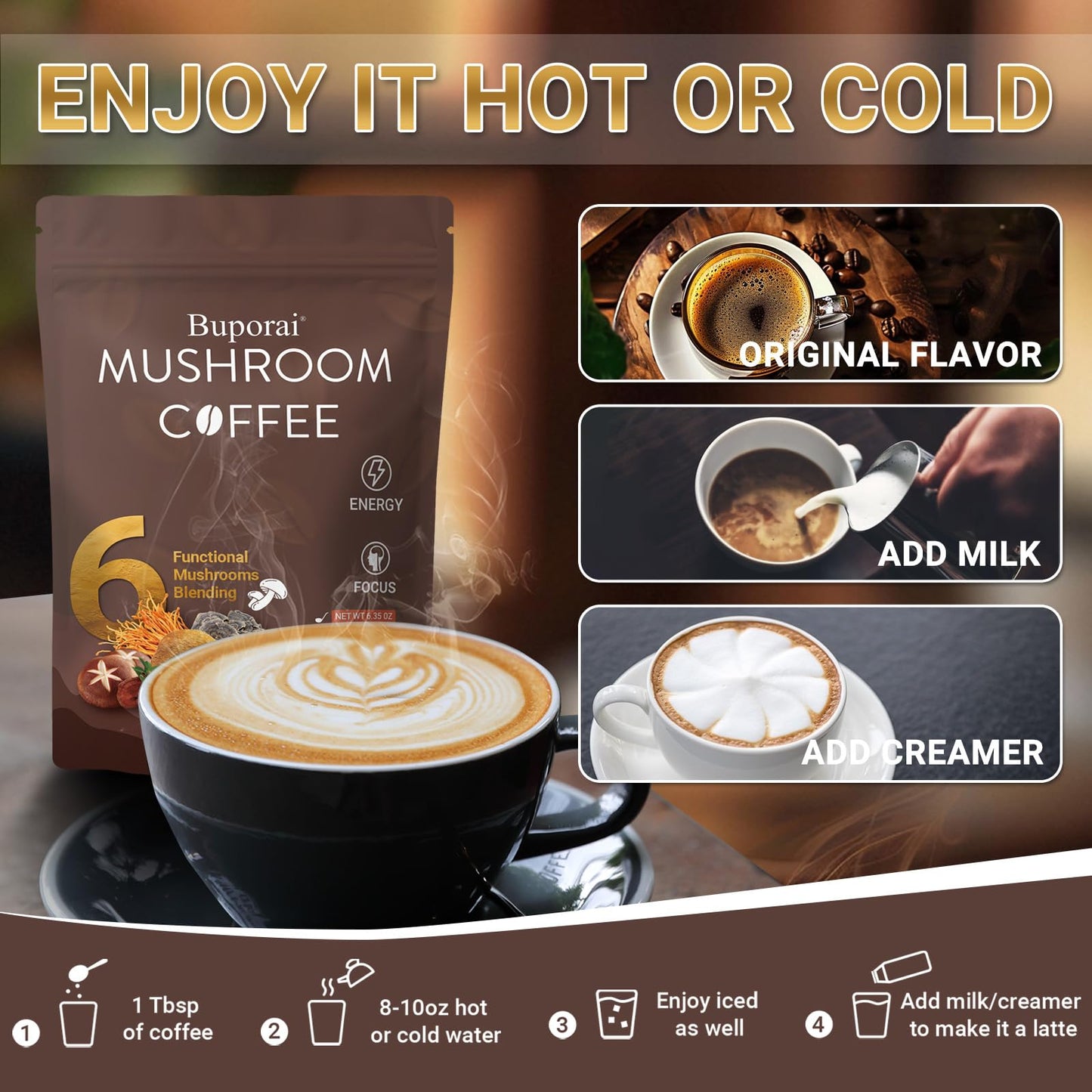Buporai Mushroom Coffee Powder, Instant Coffee with 6 Mushrooms (Lion’s Mane, Cordyceps, Turkey Tail & Other) for Energy, Focus, Digestion, Immunity, 1 Pack