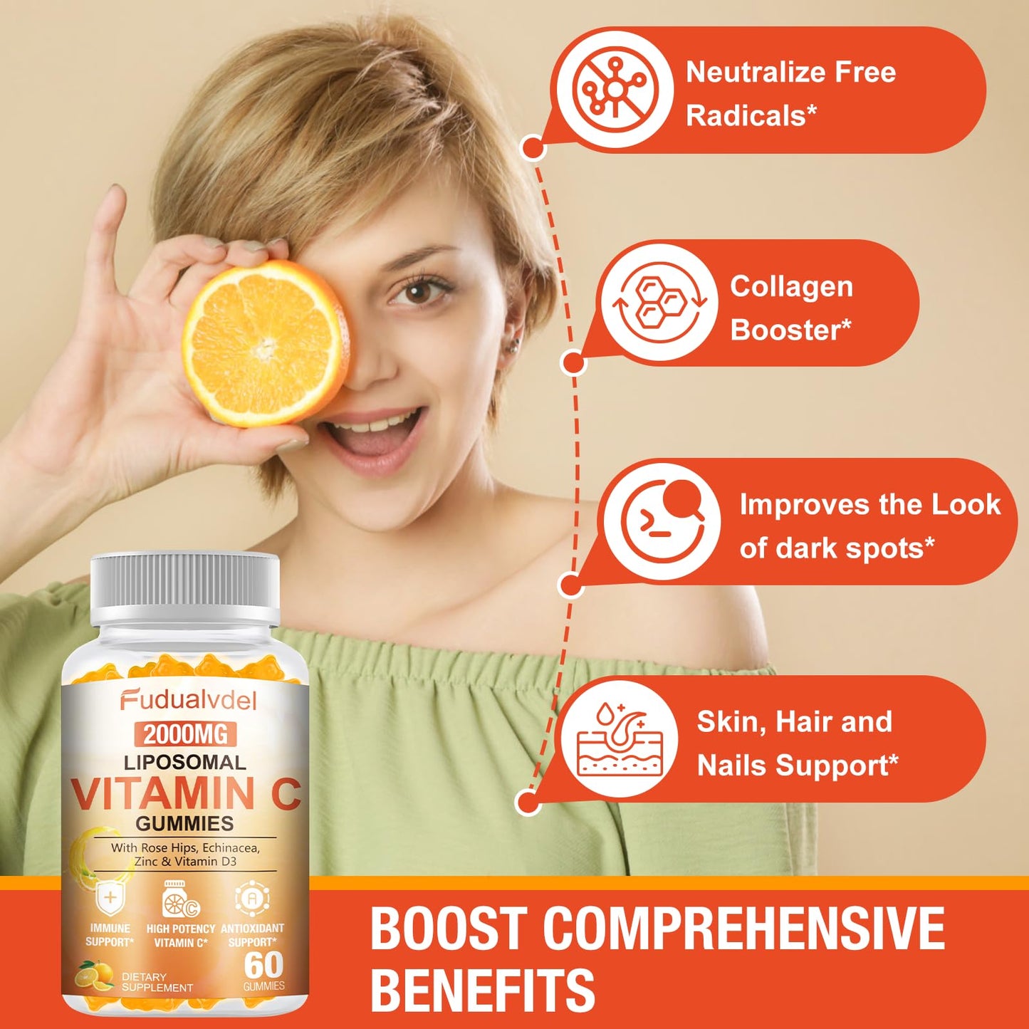 Fudualvdel Liposomal Vitamin C Gummies 2000mg, 60 Count