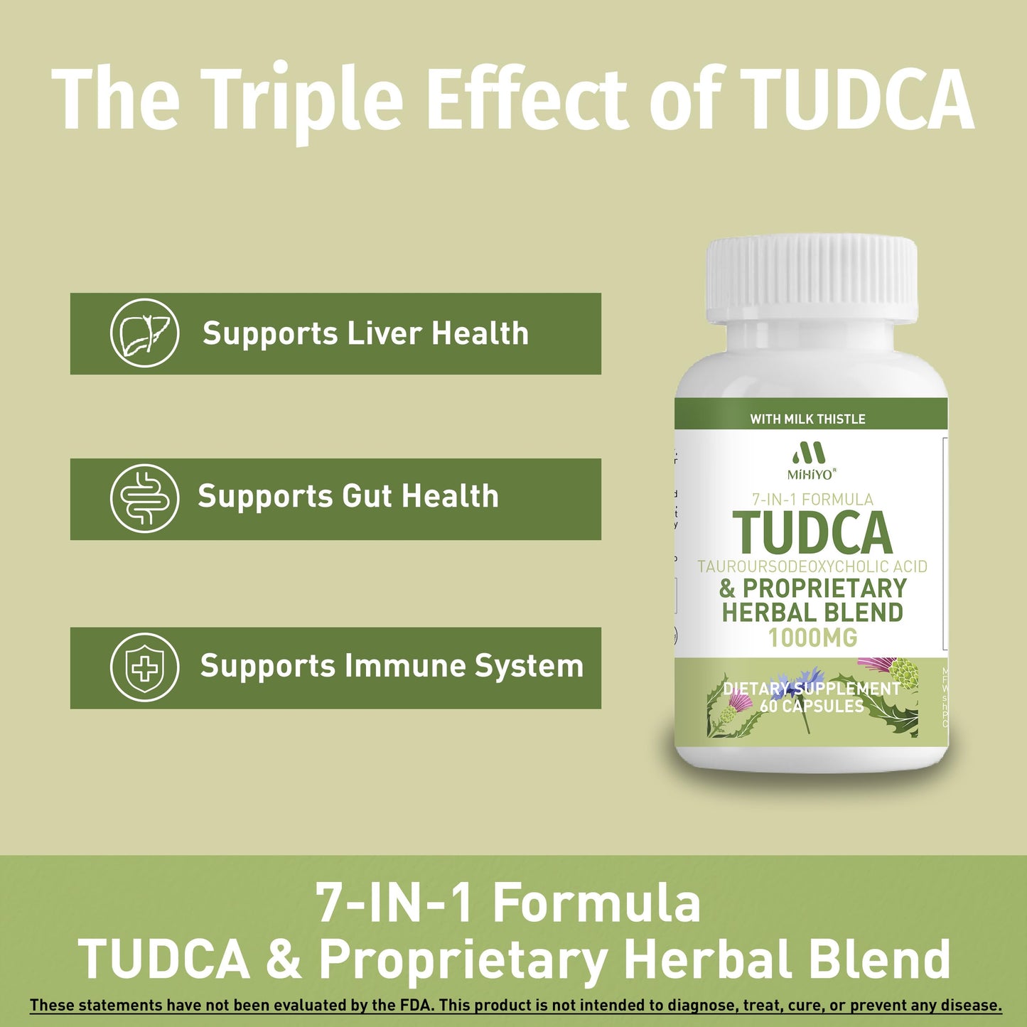 MIHIYO TUDCA 1000mg Liver Support with Milk Thistle, 6-Herb Gallbladder Formula, 60 Capsules