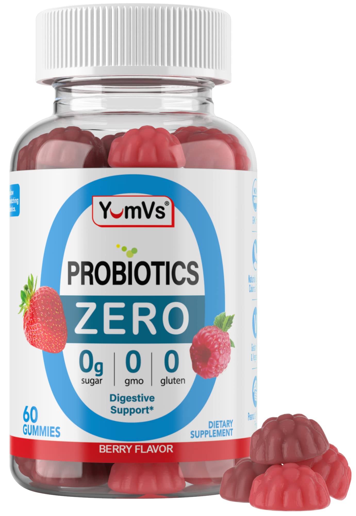 YUM-V'S Sugar Free Probiotic Gummies 5 Billion CFU Bacillus Coagulans, Vegan & Gluten-Free, 60 Count