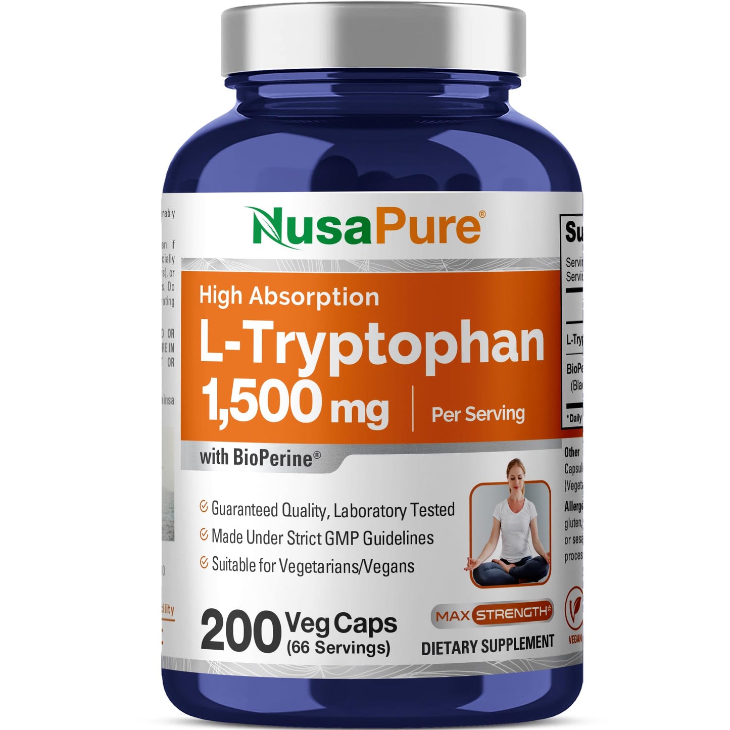 NusaPure L-Tryptophan Capsules, 1500 mg, 200 Count