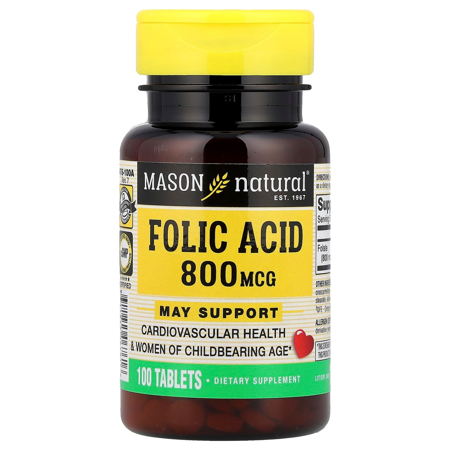 Mason Natural Folic Acid Tablet 0.8 mg, 100 Count