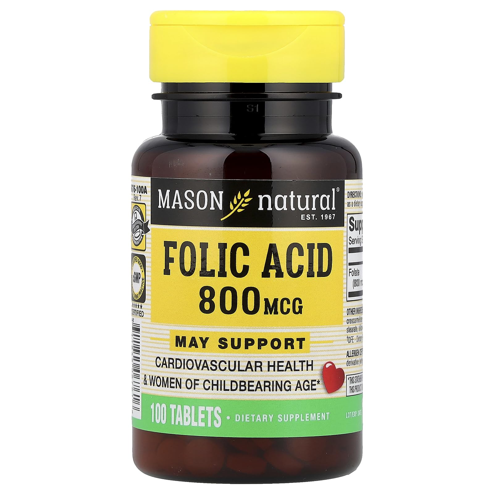Mason Natural Folic Acid Tablet 0.8 mg, 100 Count