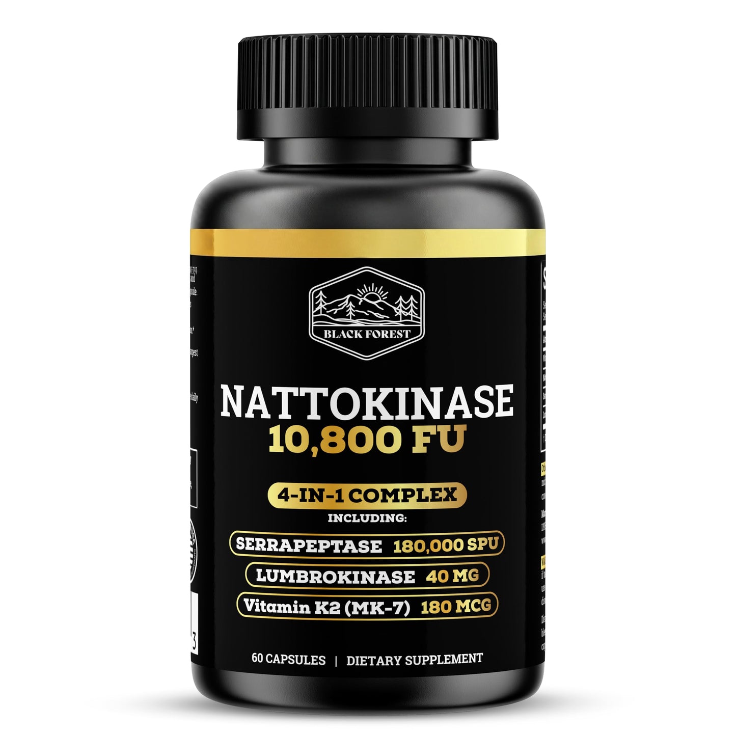 Black Forest Nattokinase 10,800 FU with Vitamin K2 MK-7 – Soy-Free Triple Enzyme (Lumbrokinase & Serrapeptase) – Enteric-Coated Vegan Capsules, 60 Capsules
