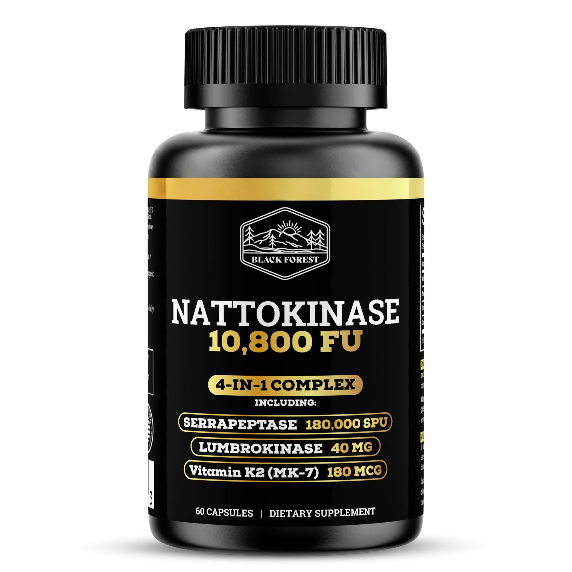 Black Forest Nattokinase 10,800 FU with Vitamin K2 MK-7 – Soy-Free Triple Enzyme (Lumbrokinase & Serrapeptase) – Enteric-Coated Vegan Capsules, 60 Capsules