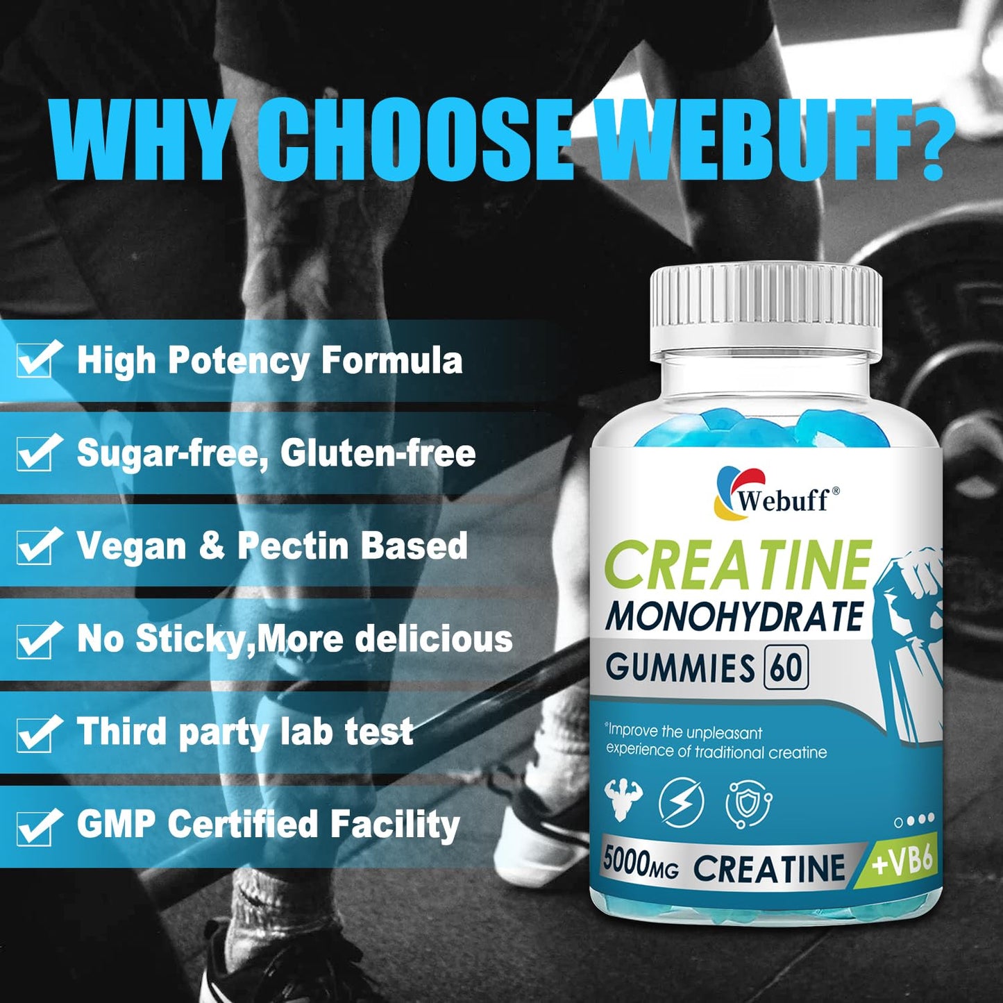Webuff Creatine Gummies Monohydrate Complex 5000mg, 60 Gummies