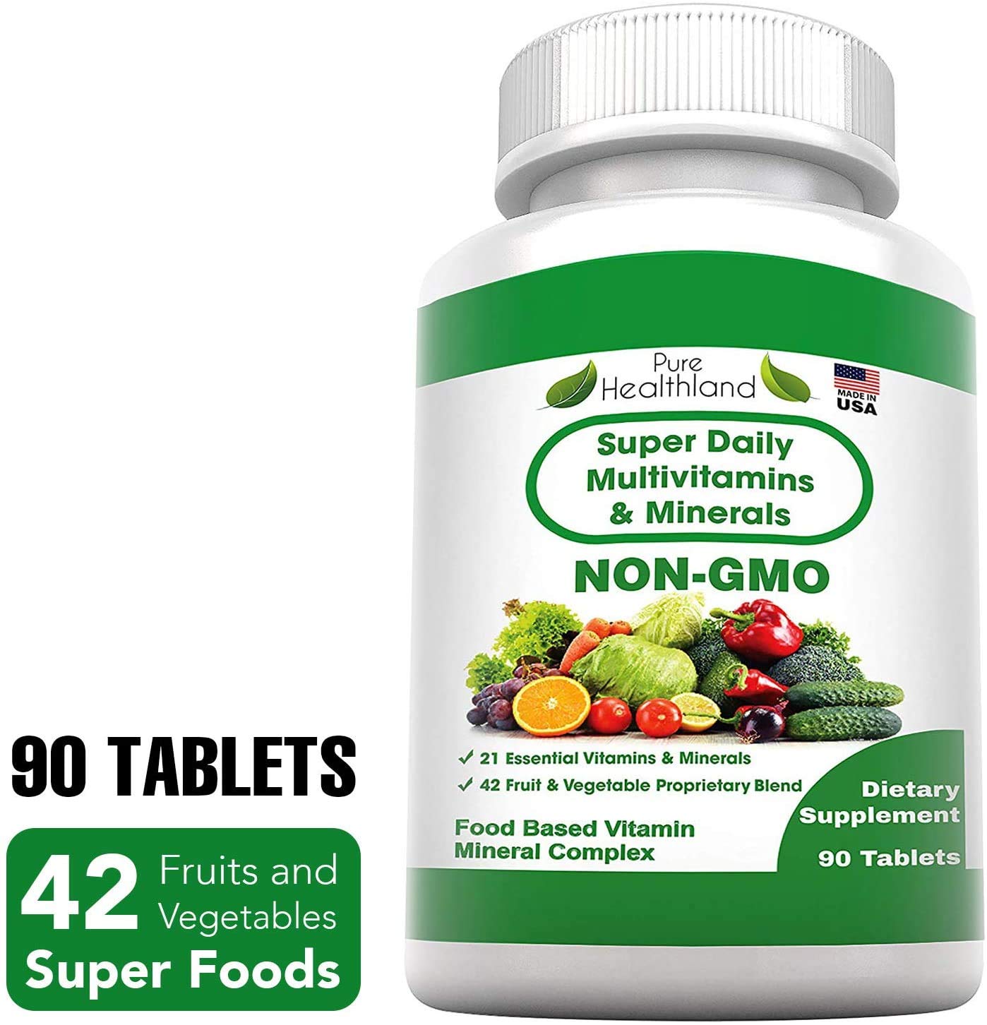 Pure Healthland Non-GMO Super Daily Multivitamin for Adults – 42 Natural Fruits & Vegetables Blend with 21 Essential Vitamins & Minerals – Vegan Coating Tablets, 90 Count