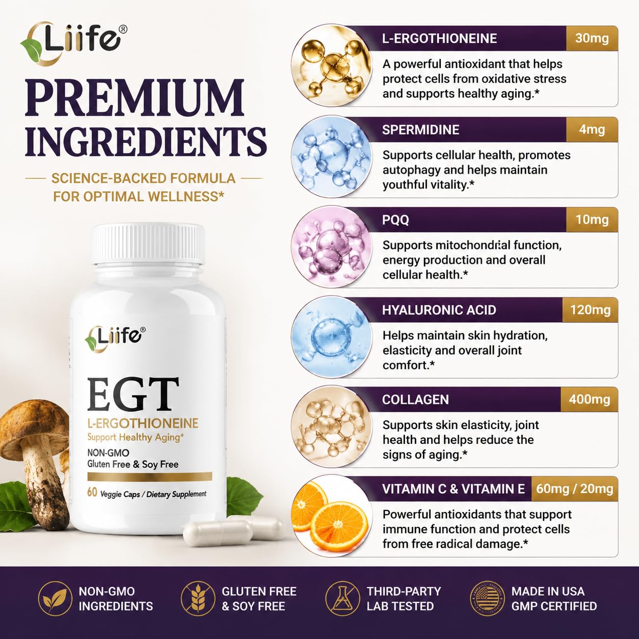 LIIFE L-Ergothioneine Supplement (EGT) 30mg, Antioxidant for Longevity and Skin Health, 60 Capsules