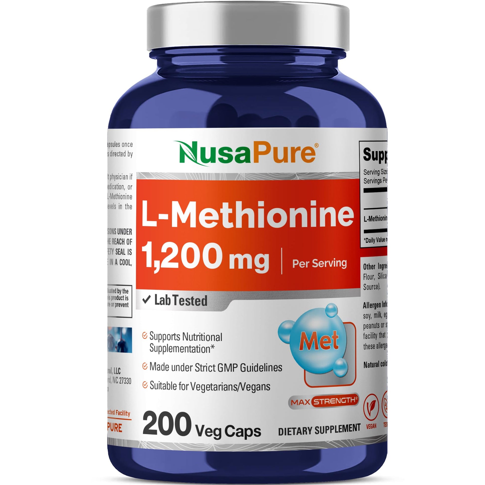 NusaPure L Methionine 1200mg Capsules 200 Count