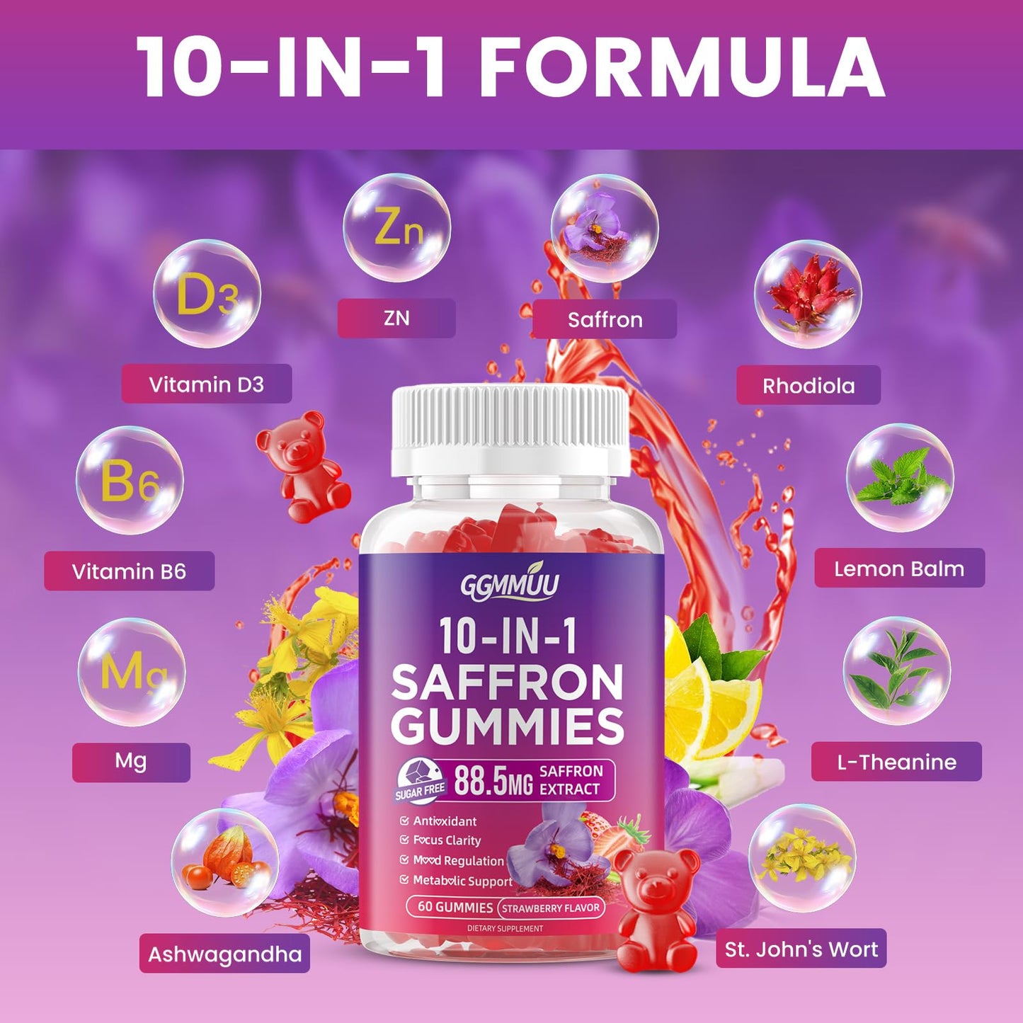 GGMMUU Saffron Gummies for Adults & Kids, Strawberry Flavor, 120 Count