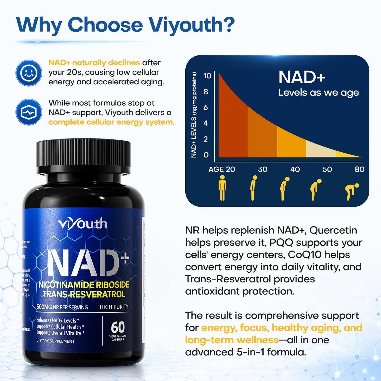 VIYOUTH NAD+ Capsule with Nicotinamide Riboside 500mg & Trans-Resveratrol – NR Supplement for Cellular Energy & Healthy Aging, 1 Count