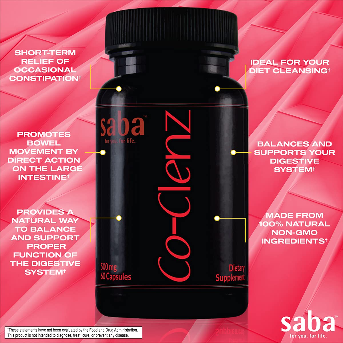 Saba Co-Clenz 5 Day Cleanse for Men & Women - Supports Healthy Bowel Movements, Detox, Colon Health, Helps Constipation, Capsules, 30 Count