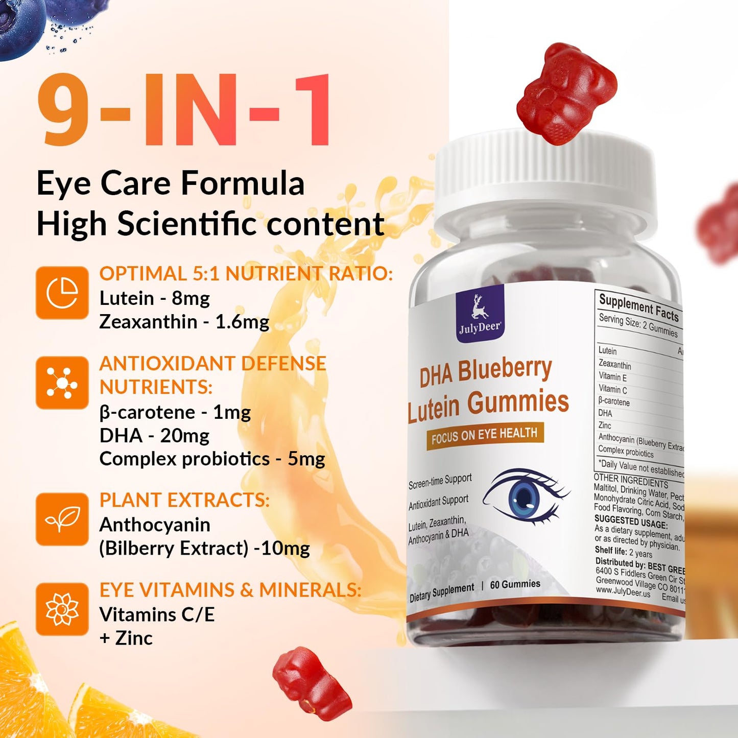 JulyDeer Lutein and Zeaxanthin Gummies Eye Health Support, 120 Count