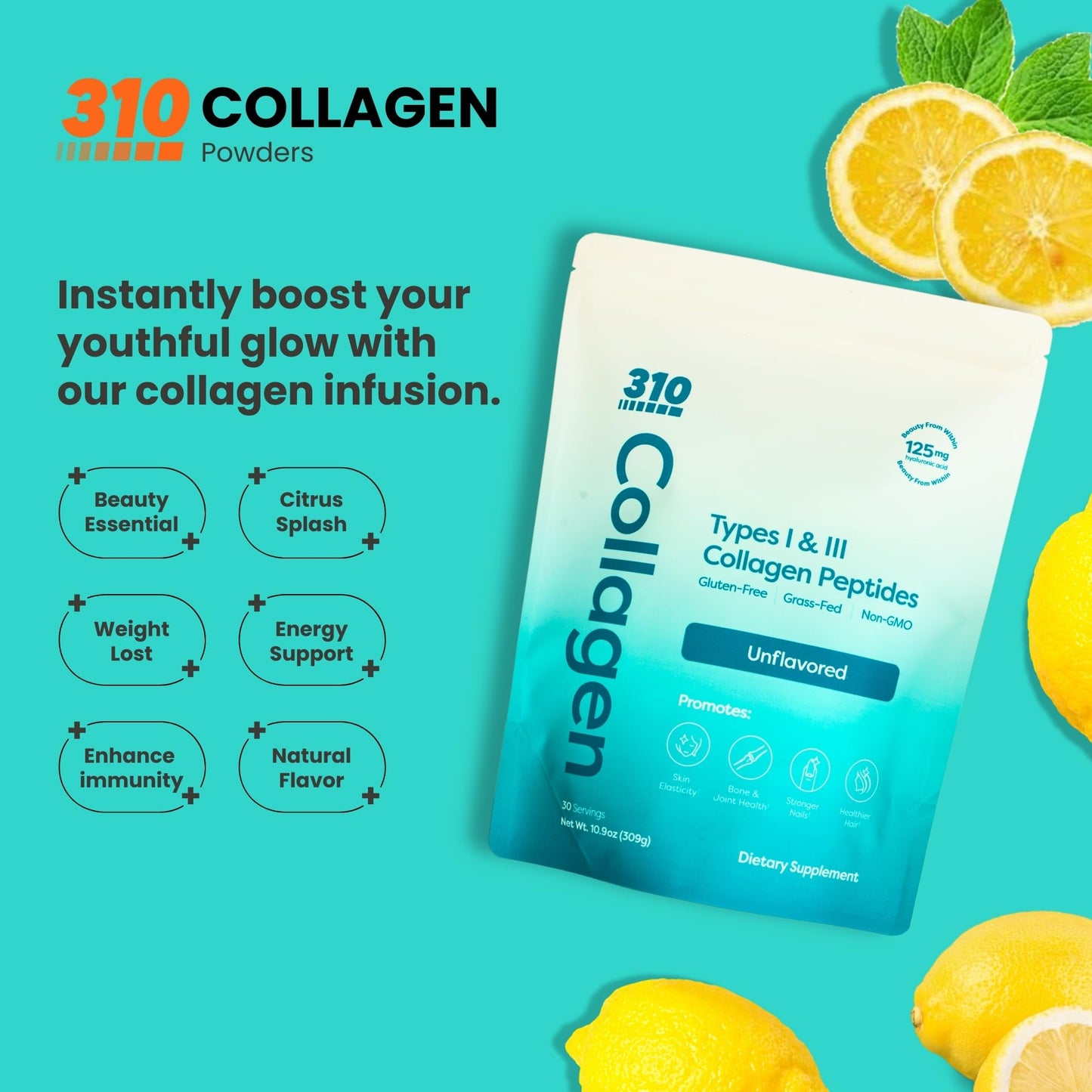 310 Nutrition Hydrolyzed Collagen Peptides Powder 10.9 oz