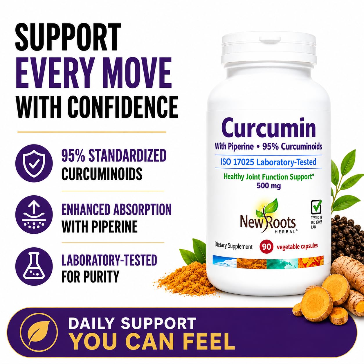 NEW ROOTS HERBAL Turmeric Curcumin Supplement with Black Pepper Extract is 20x Better Absorption | Coumarin Capsules with 95% Curcuminoids & 95% Piperine, 90 Capsules