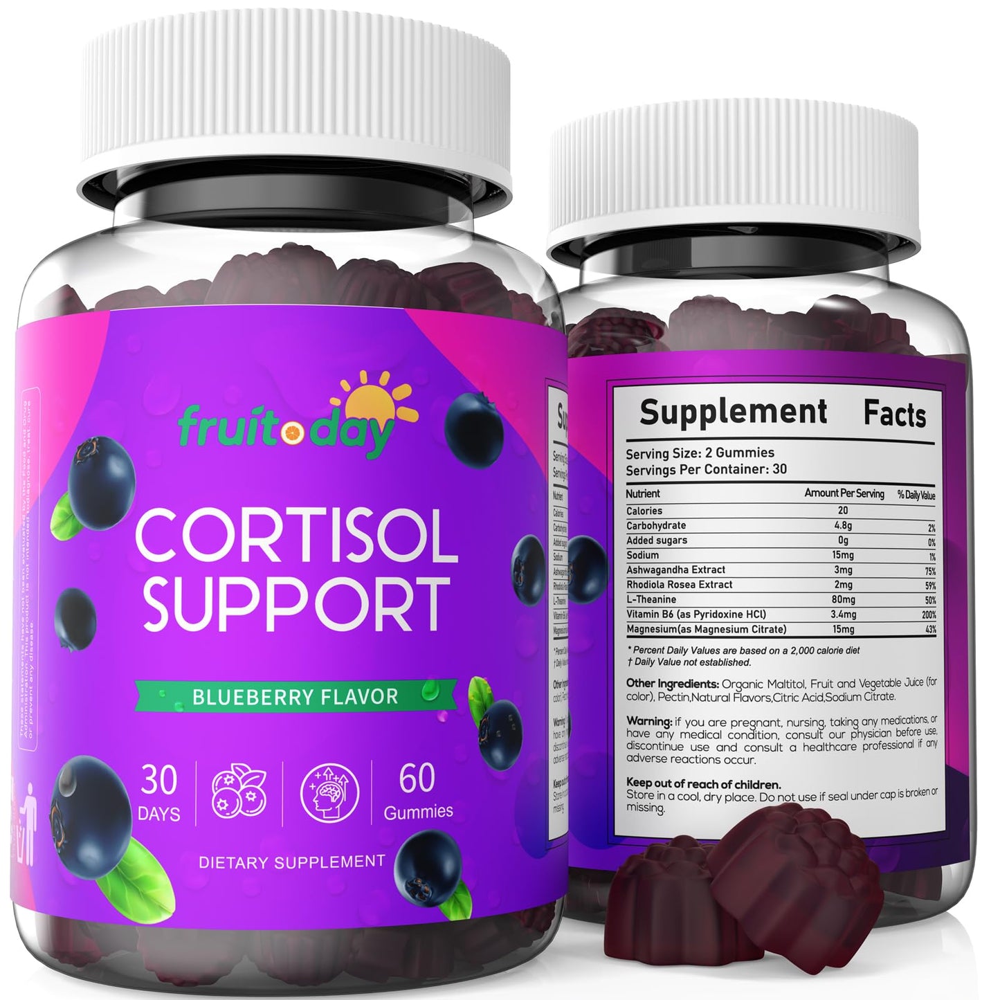 Fruitoday Cortisol Support Gummies with Ashwagandha & L-Theanine – 5-Ingredient Daily Formula, Blueberry Flavor, 1 Count