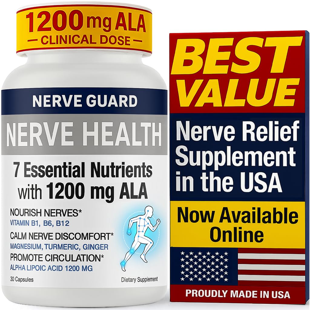 Nerve Guard Nerve Health with 1200 mg Alpha Lipoic Acid – 7 Essential Nutrients to Support Feet, Hands & Toes – 1200mg ALA, Vitamins B12, B6 & B1, Magnesium, Turmeric, Capsules, 30 Count