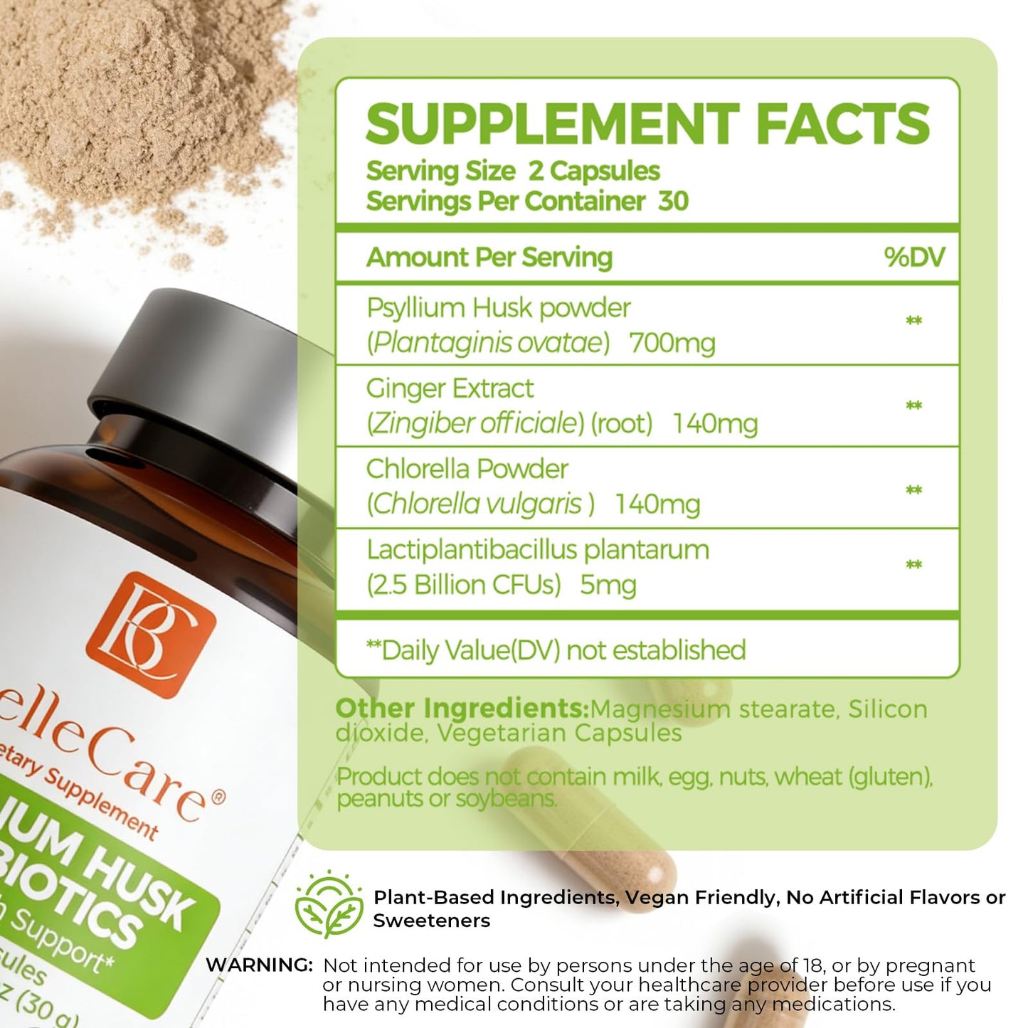 BELLECARE Psyllium Husk 700mg Per Serving Capsules with Probiotic, 60 Capsules