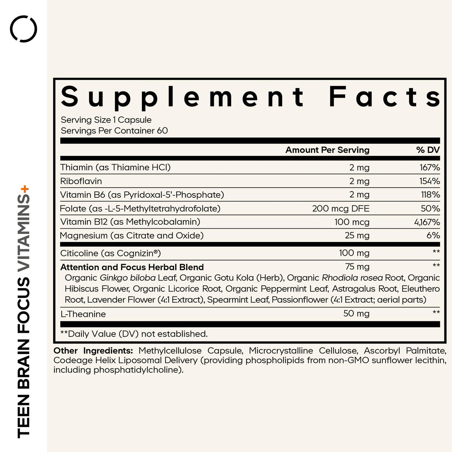 Codeage Teen Brain Focus Vitamins+ Citicoline Cognizin, L-Theanine, Ginkgo, Rhodiola, Lavender, Magnesium, Vitamin B6, B12, Folate Liposomal Supplement 60 Capsules