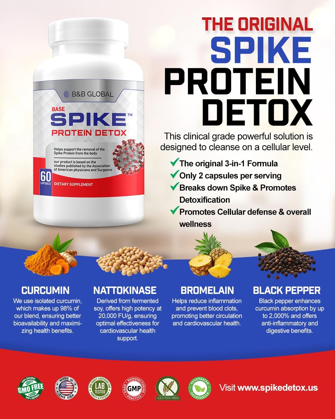 Spike Protein Detox 3-in-1 Nattokinase 4000 FU, Bromelain 500mg, Curcumin 1000mg, 60 Capsules