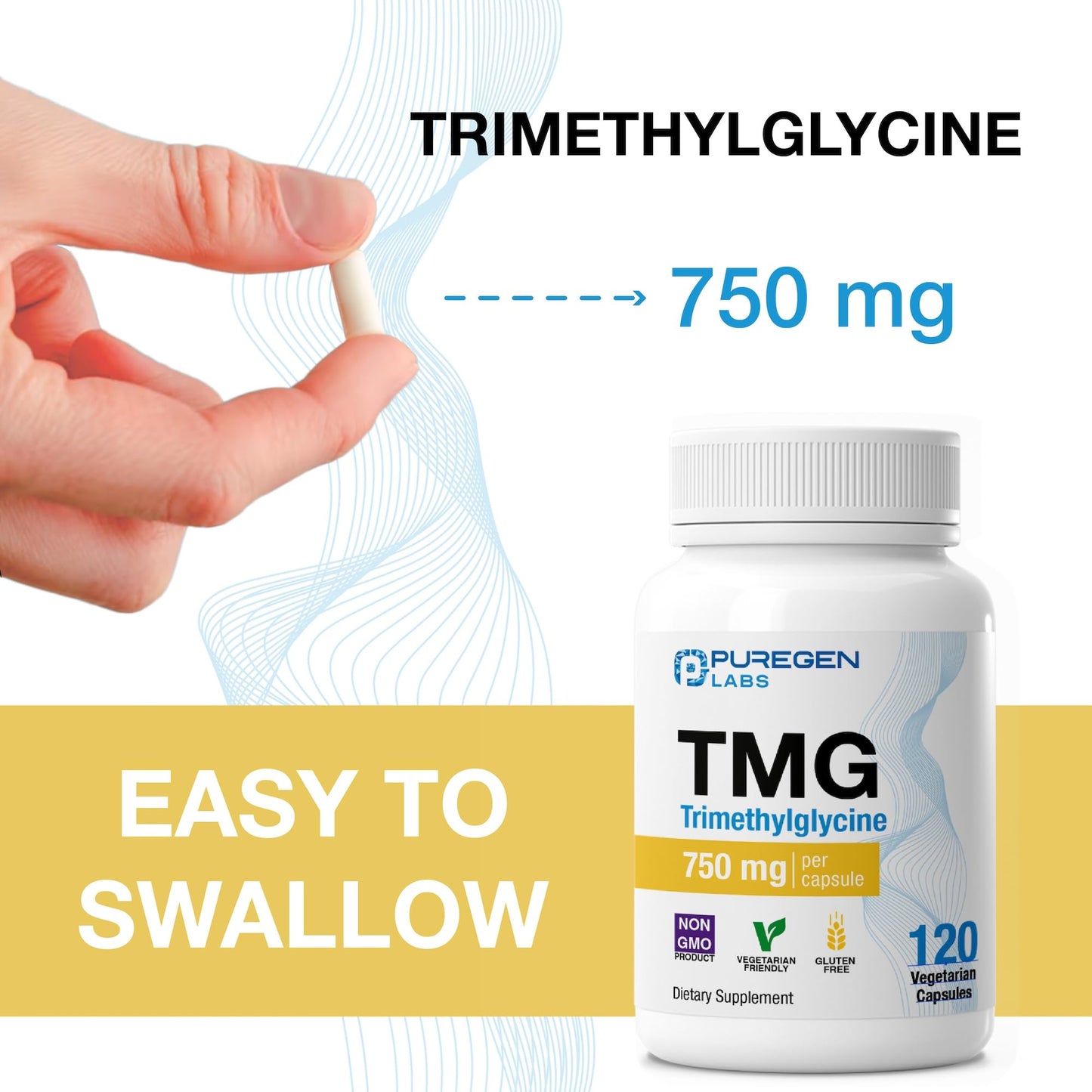 P Puregen Labs TMG 750 mg Trimethylglycine Supplement Capsule, 120 Vegetarian Capsules