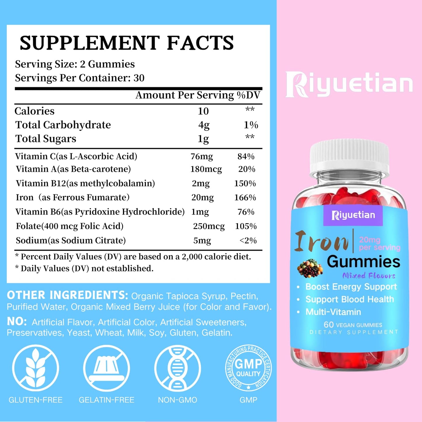 Riyuetian Multivitamin Iron Gummies for Teens & Women 60 Count
