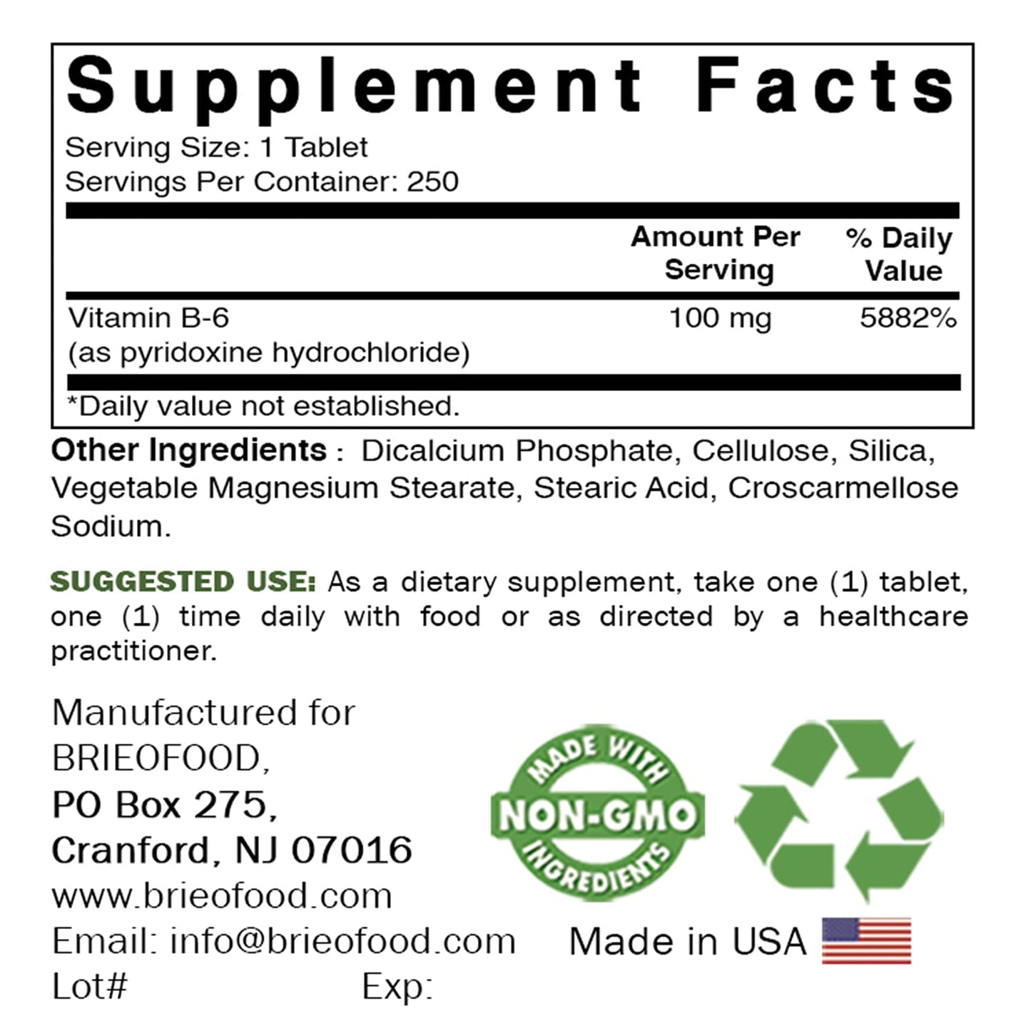 Brieofood Vitamin B6 100 mg Tablet, 250 Tablets