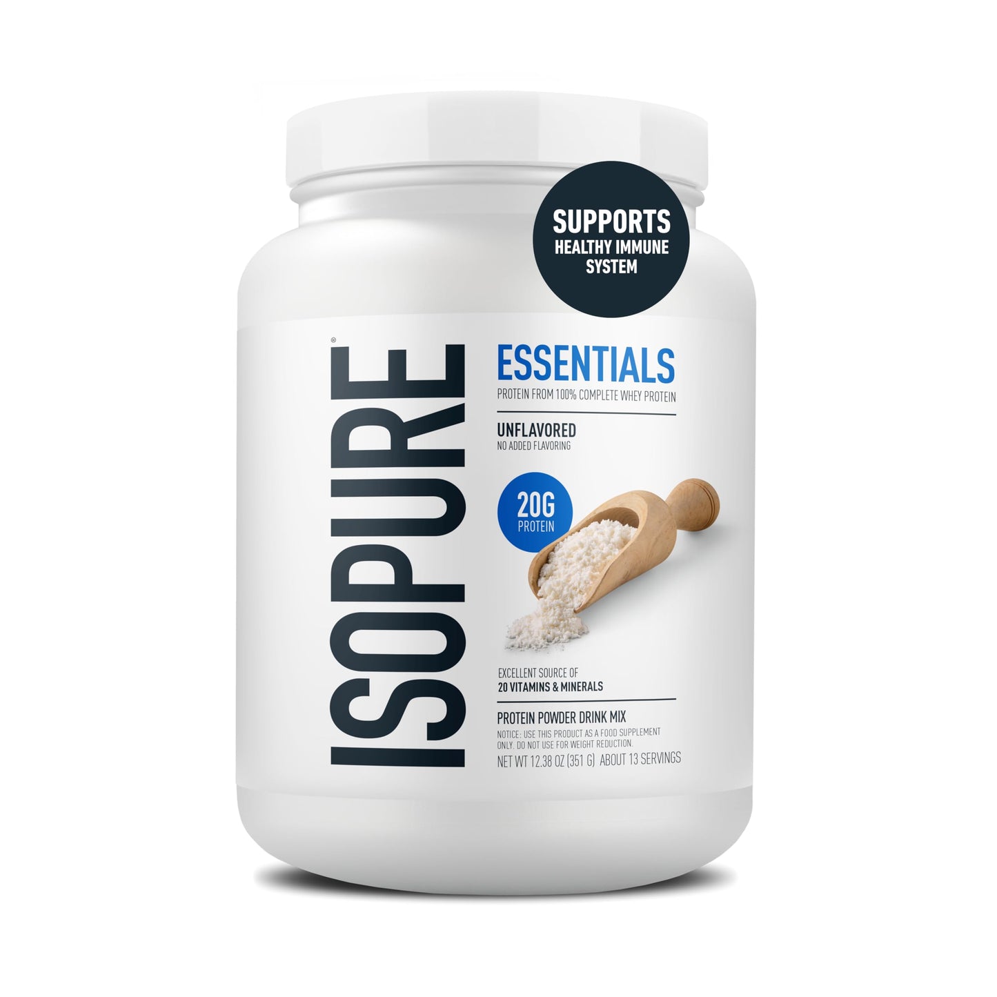 Isopure Essentials 100% Whey Protein Powder, Unflavored, 12.38 oz