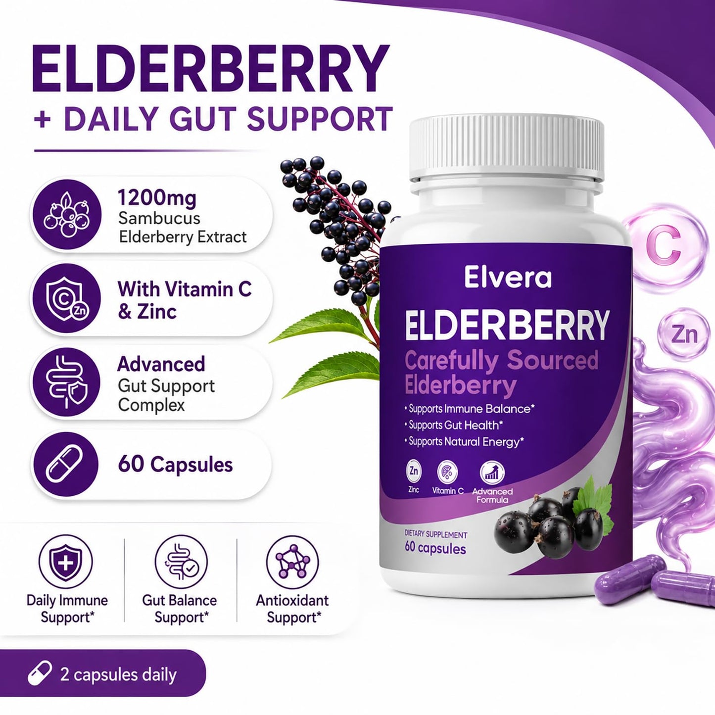 UOZXIL Elvera Elderberry Gut Support 60 Capsules