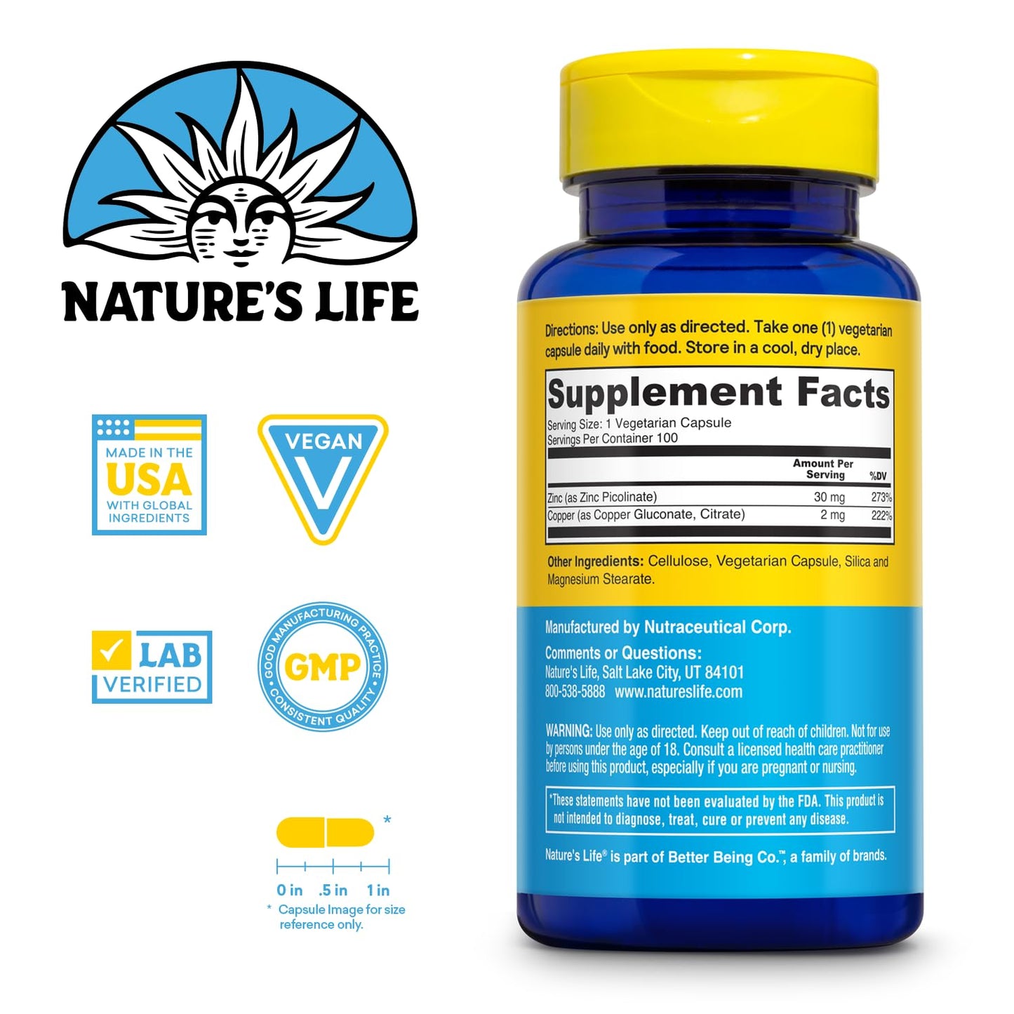 Nature's Life Zinc Picolinate 30mg Plus 2mg Copper Capsules 100 Count
