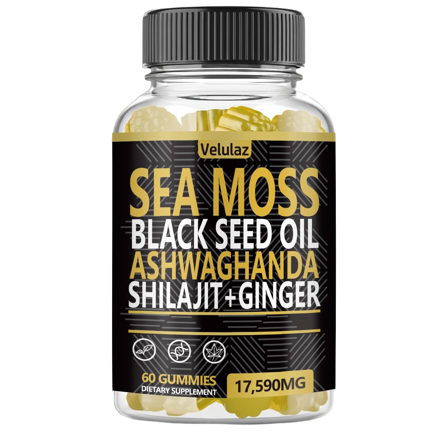 Velulaz Sea Moss & Herbal Gummies with Ginger, Black Seed Oil, Ashwagandha, Shilajit, Elderberry, Chlorophyll, Turmeric, Bladderwrack, 60 Gummies