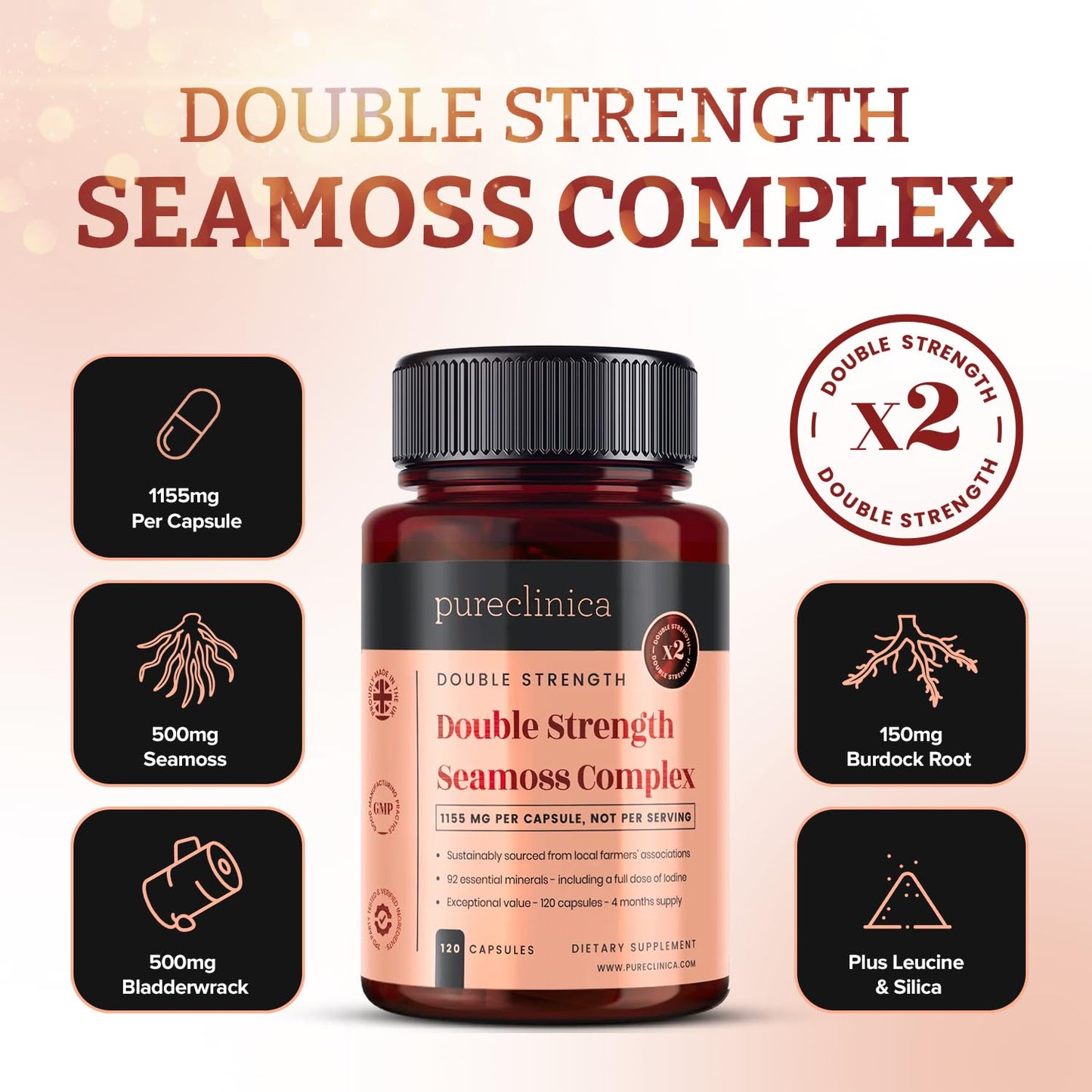 PureClinica Double Strength Seamoss Complex Capsules, 120 Count
