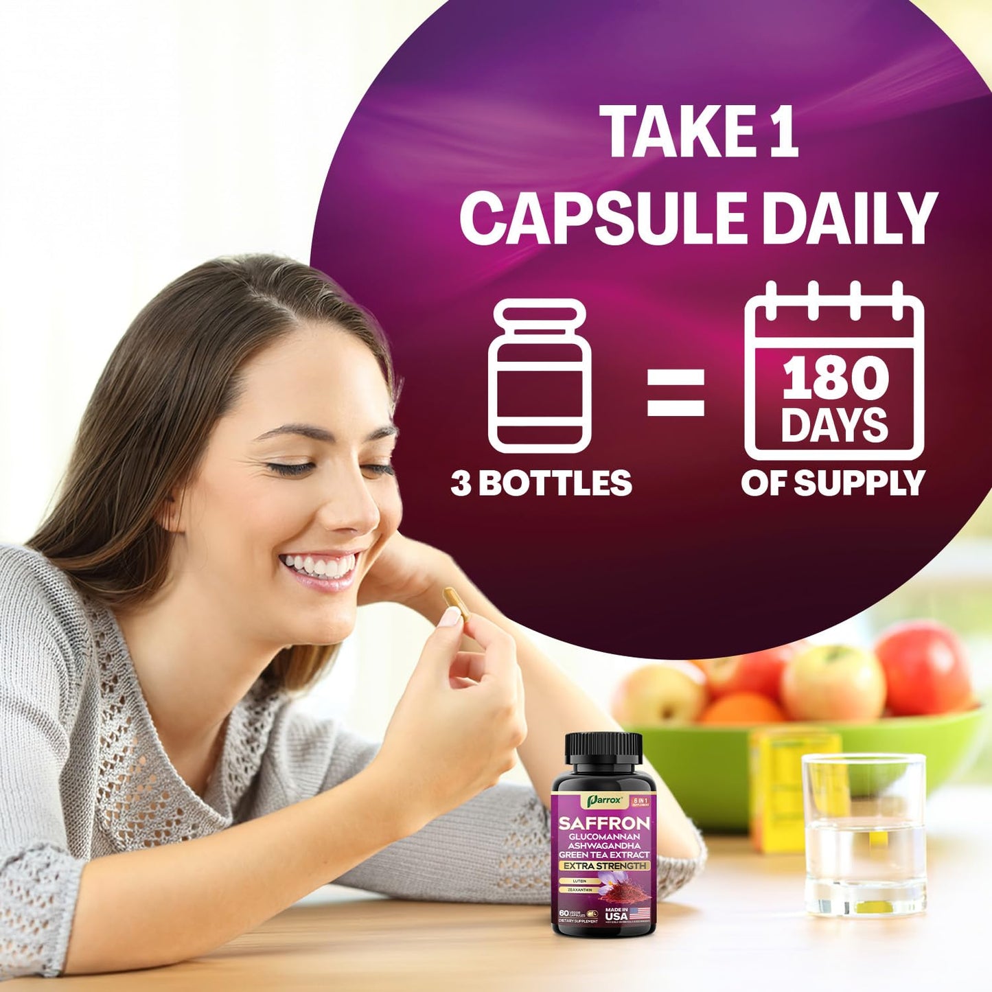 Parrox Saffron Supplement Vision & Wellness Glucomannan & Ashwagandha Capsules 180 Count