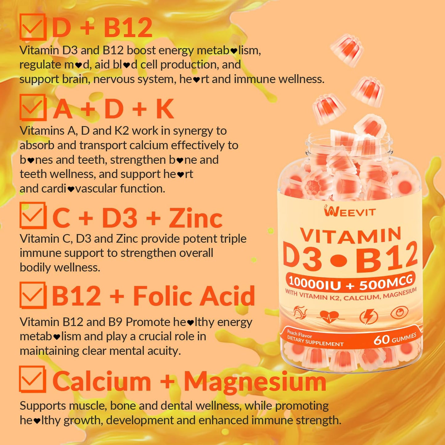 WEEVIT Vitamin D3 B12 Gummies, 120 Count