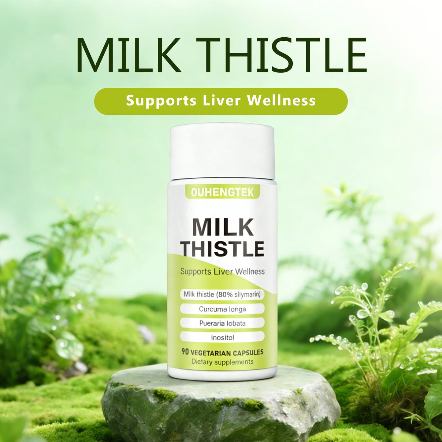 OUHENGTEK Milk Thistle Extract 80% Silymarin 300mg Capsules, Liver Detox & Digestive Support, 90 Count
