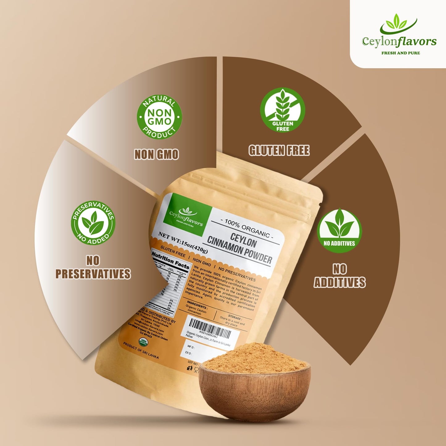 CEYLONFLAVORS FRESH AND PURE Organic Ceylon Cinnamon Powder 15 oz