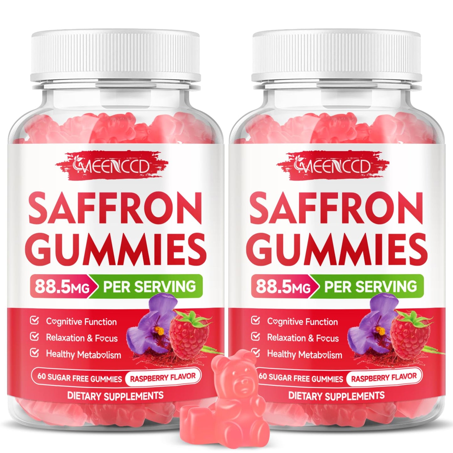 MEENCCD Saffron Gummies for Kids & Adults - Saffron Supplements with Magnesium, L-Theanine, Rhodiola, Sugar-Free, Raspberry Flavor, Gummy, 120 Count