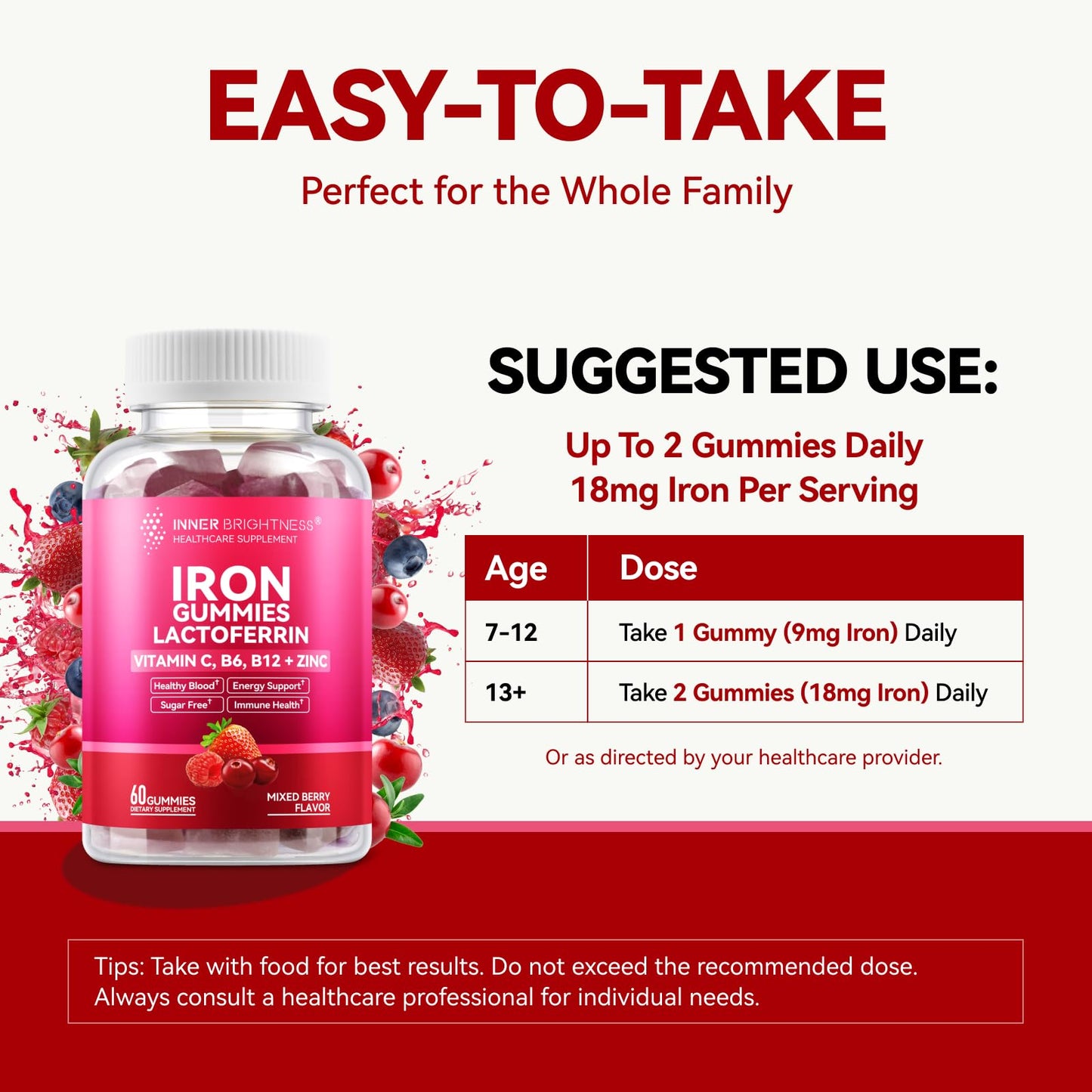 Inner Brightness Iron Supplement with Lactoferrin, Vitamin C, B6, B12 & Zinc – Gentle, Vegan, Sugar-Free – Supports Healthy Blood, Immune Health & Energy – Mixed Berry Flavor, 60 Gummies