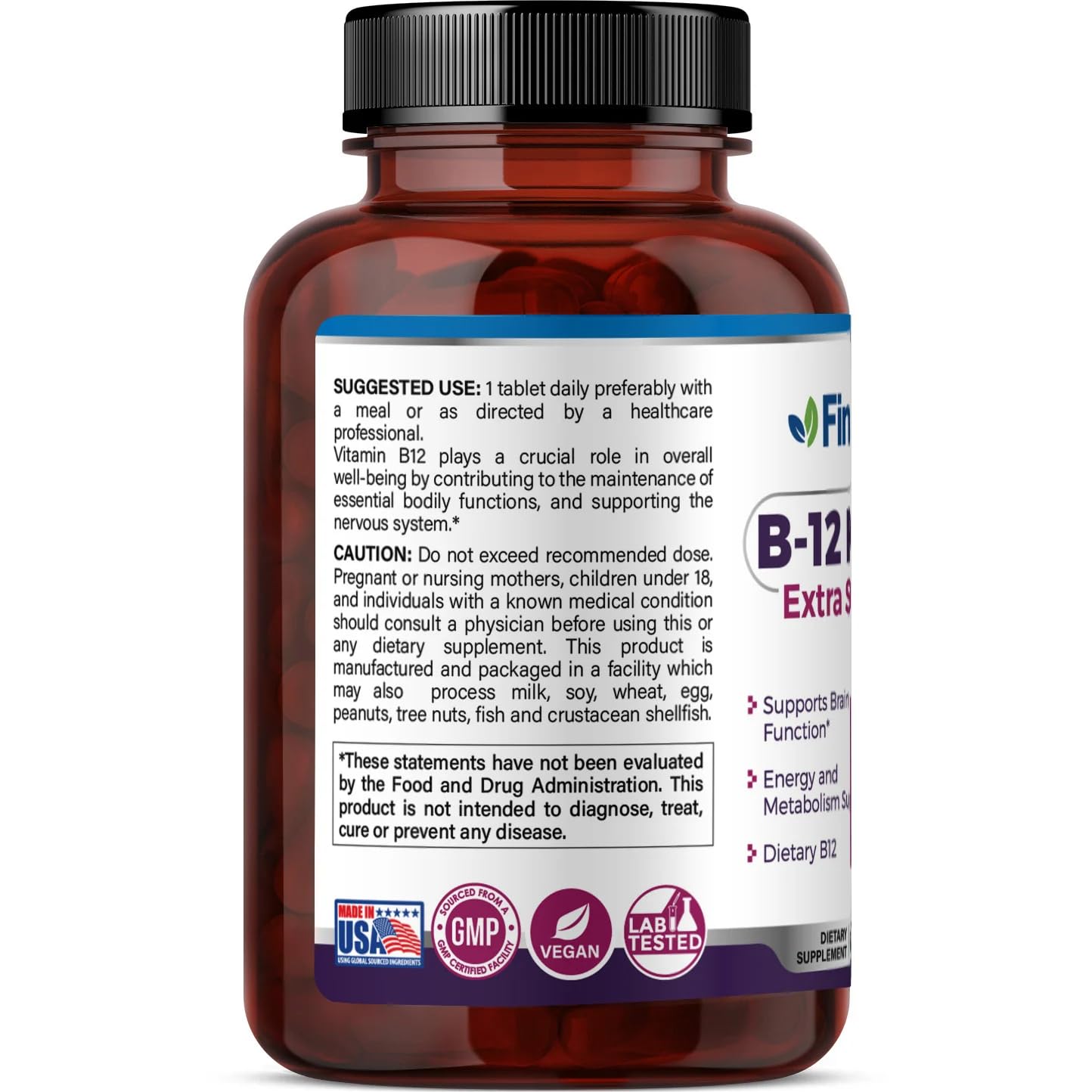 FineLand B-12 Forte Vitamin B12 500mcg (Cyanocobalamin) - Essential Nutrient Support for Energy Metabolism and Daily Vitality - Vegan Formula, 60 Tablets