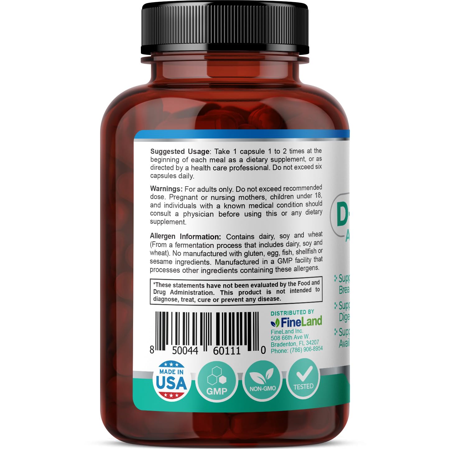 FineLand D-ENZYMES Advanced Digestive Support Complex, Breakdown of Nutrients, Digestion, Hemicellulose, Peptidase, 60 Capsules