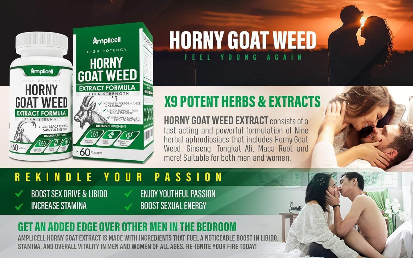 Amplicell Horny Goat Weed Complex Supplement with Maca Root, Tongkat Ali, L-Arginine & Panax Ginseng Capsules, 60 Count