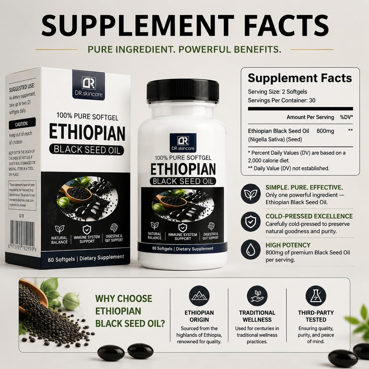 DR. SKIN CARE Ethiopian Black Seed Oil Softgels 800mg per Serving, Cold-Pressed Nigella Sativa Seed Oil Supplement, Immune Support, Digestive & Gut Support, Natural Wellness Formula, 60 Softgels