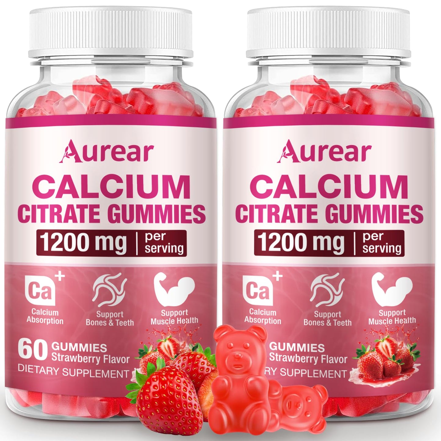 Aurear Calcium Citrate Gummies 1200mg Chewable Calcium Supplement for Men & Women, Muscle & Bone Support, Strawberry Flavor, 120 Count