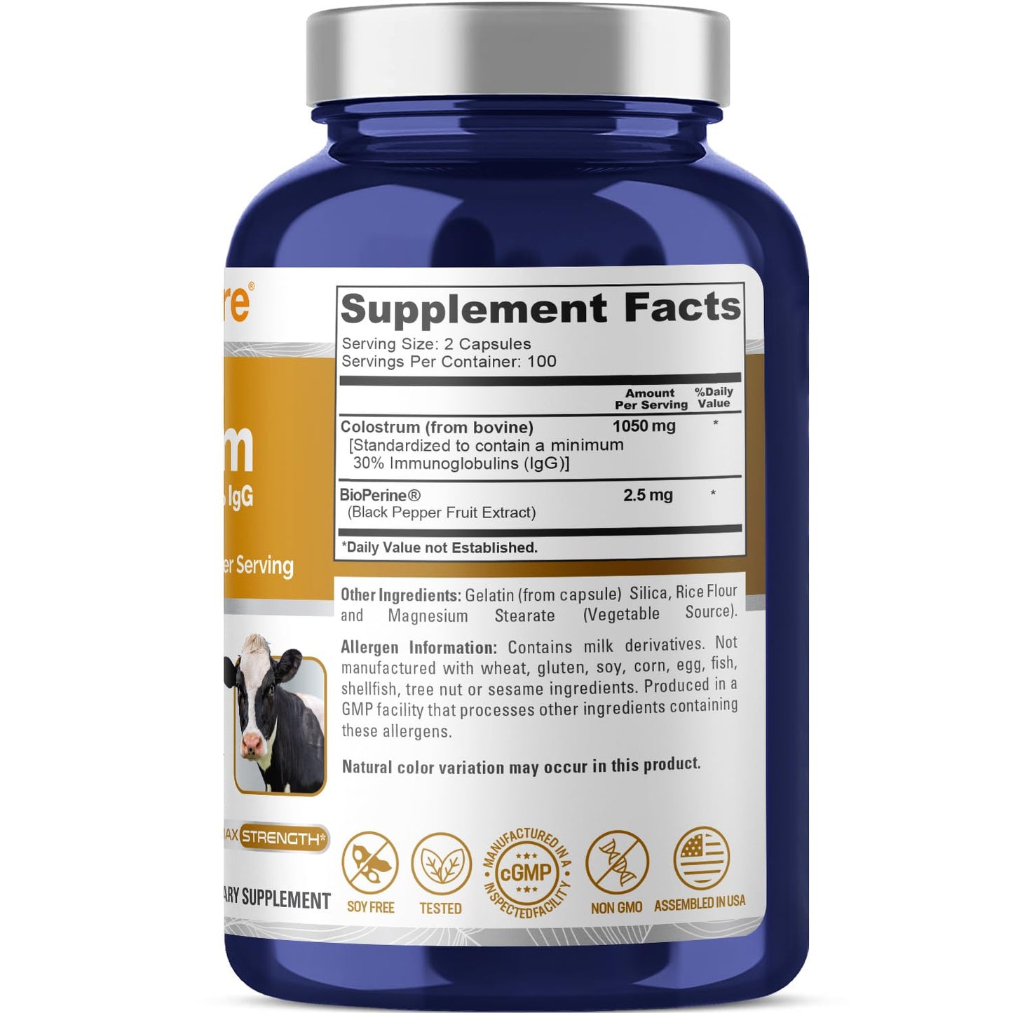 NusaPure Colostrum 1050mg 30% IgG Capsules, 200 Count, Non-GMO, Soyfree, Bioperine